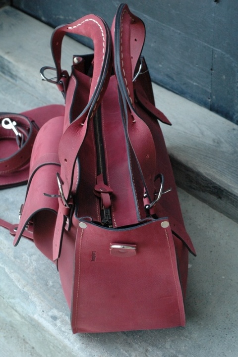 Torba Kuferek skórzany z kopertówką, kolor malinowy