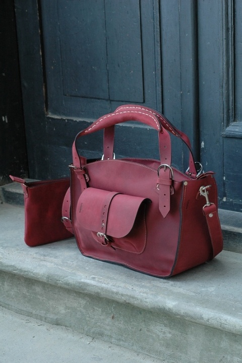 Torba Kuferek skórzany z kopertówką, kolor malinowy