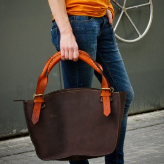 Large brown satchel-style handbag by LadyBuQ Art.