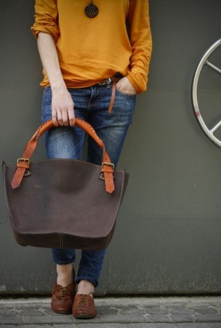 Large brown satchel-style handbag by LadyBuQ Art.