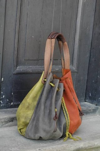 Marlena kolorowa torba limonka/jasny brąz/pomarańczowy/szary torba z naturalnej wytrzymałej skóry od Ladybuq Art
