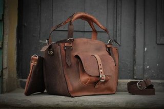 Leather Tote Bag Dark Brown & ginger
