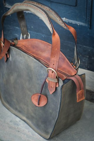 Leather tote bag khaki and orange