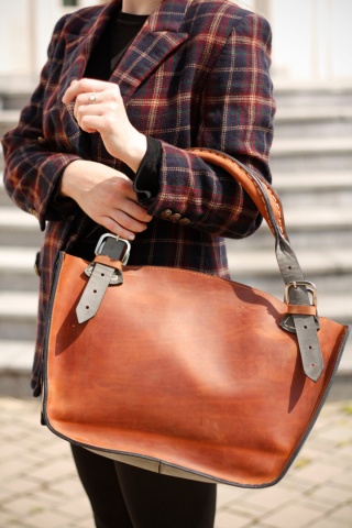 Torba Kuferek skórzany kolor rudy i szary